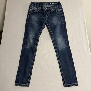 Miss Me Rhinestoned Fleur De Lis Pocket Low Rise Slim Boot Jeans SZ 27x32